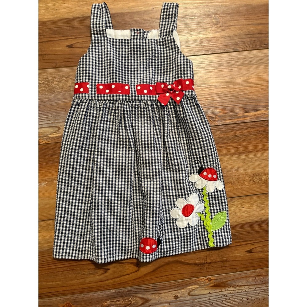 Emily Rose Girls Navy Gingham Ladybug Daisy Dress Toddler 3T Polka Dot Bow Nina